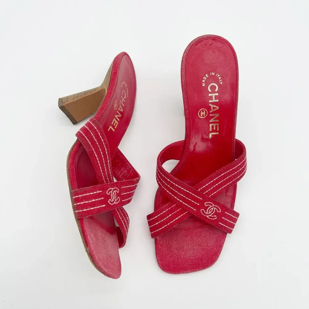 Chanel Vintage Red Canvas CC Nautical Cross Strap Slide Mule Sandal Heels EU 38